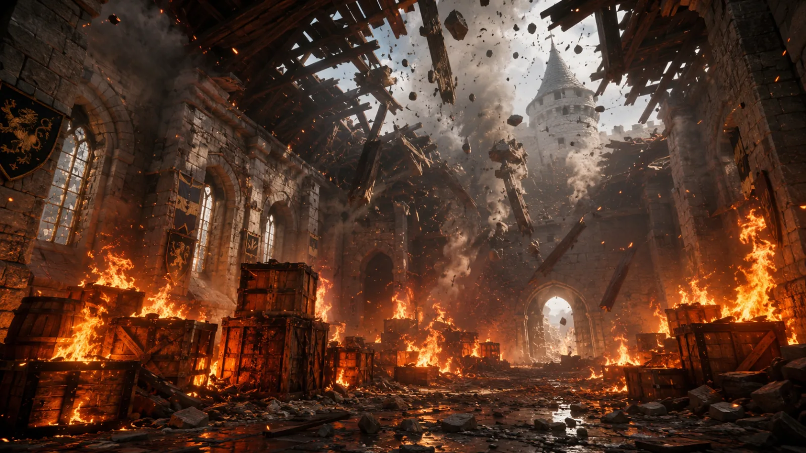 Wooden crates burning inside a collapsing stone castle hall, illustrating the destruction theory