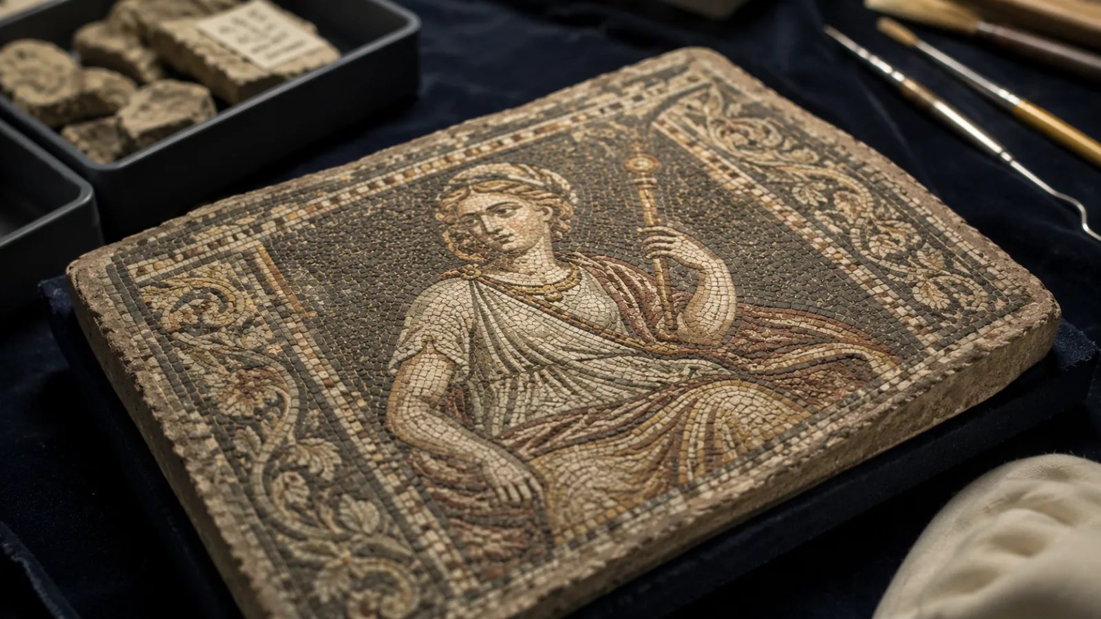 Ornate small mosaic panel resting on a museum conservator's velvet-lined table