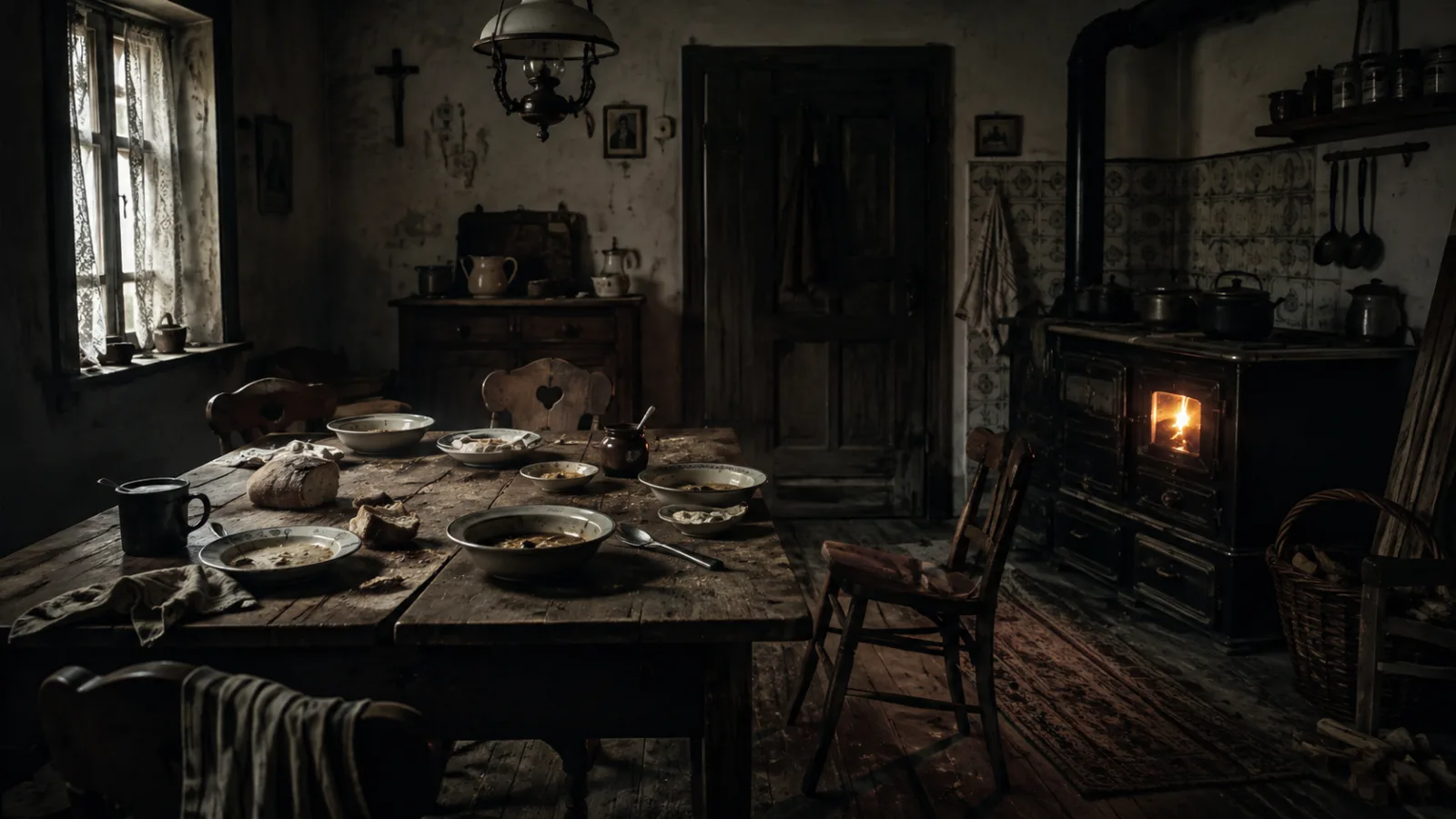 A farmhouse kitchen with a half-eaten meal left on a table and a lit stove, no people present