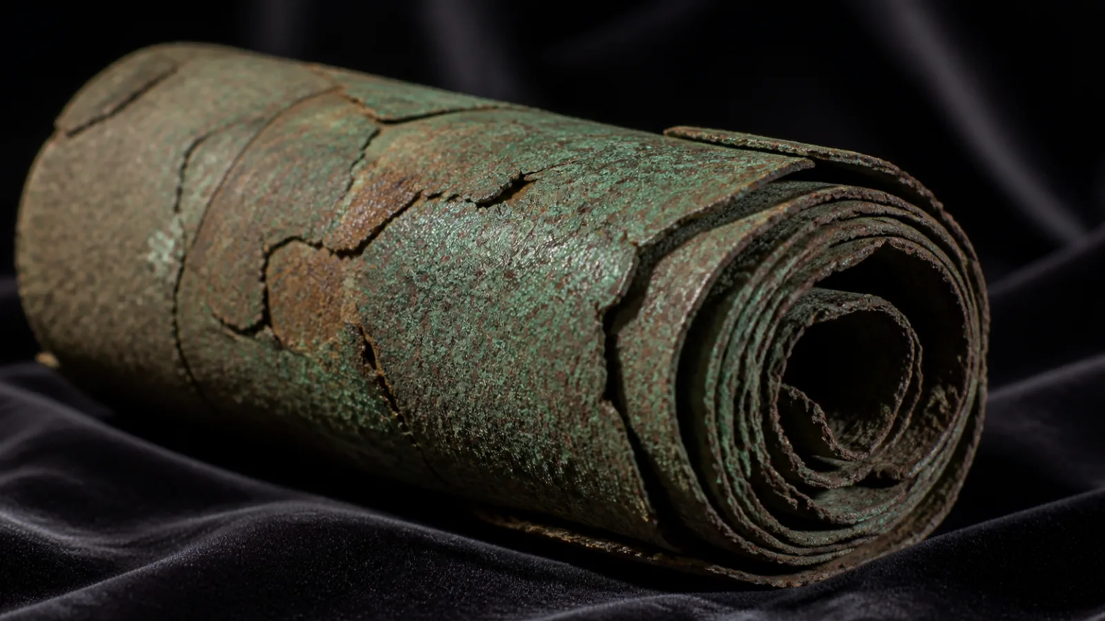Extreme close-up of a tightly rolled, corroded ancient copper scroll with green patina