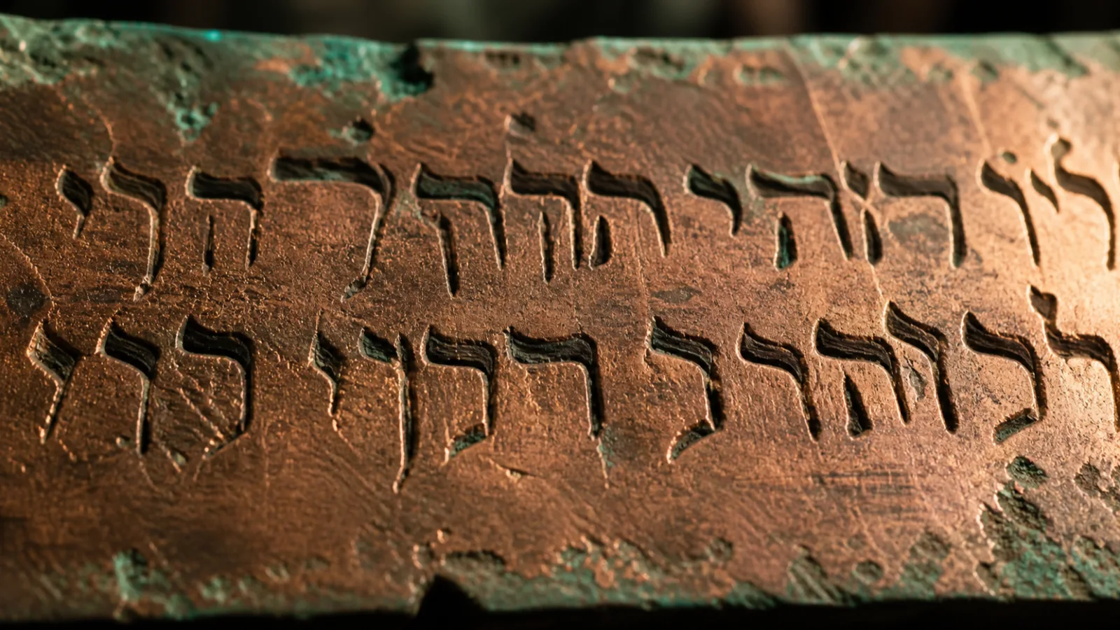 Macro view of ancient Hebrew letters chiseled into a copper sheet