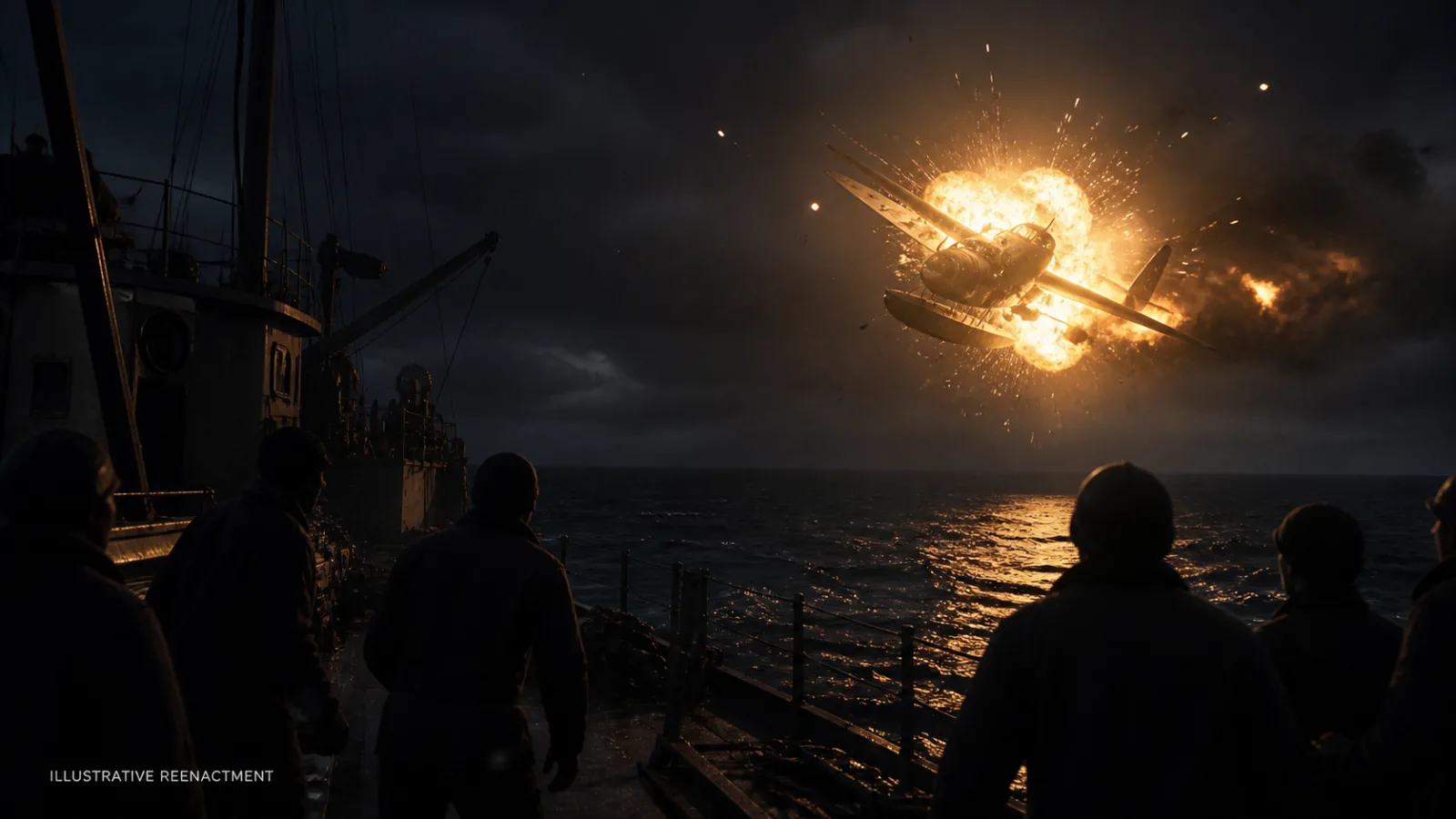 A 1940s seaplane erupting into an explosion over dark ocean at night, viewed from a distant ship