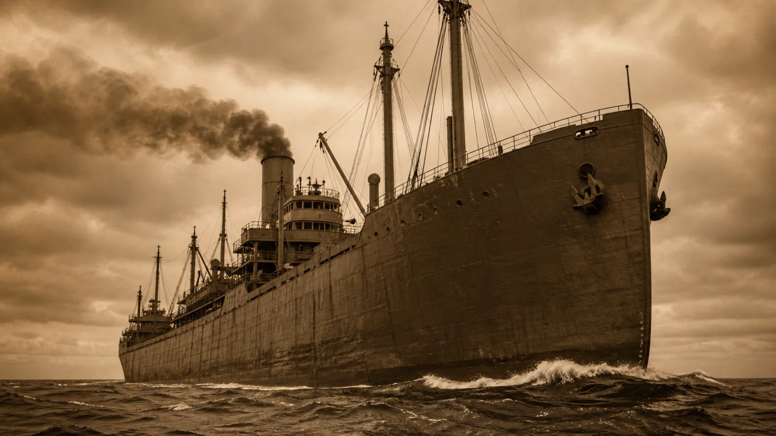 A large early 20th century Navy collier ship sailing through choppy dark waters under an overcast sky