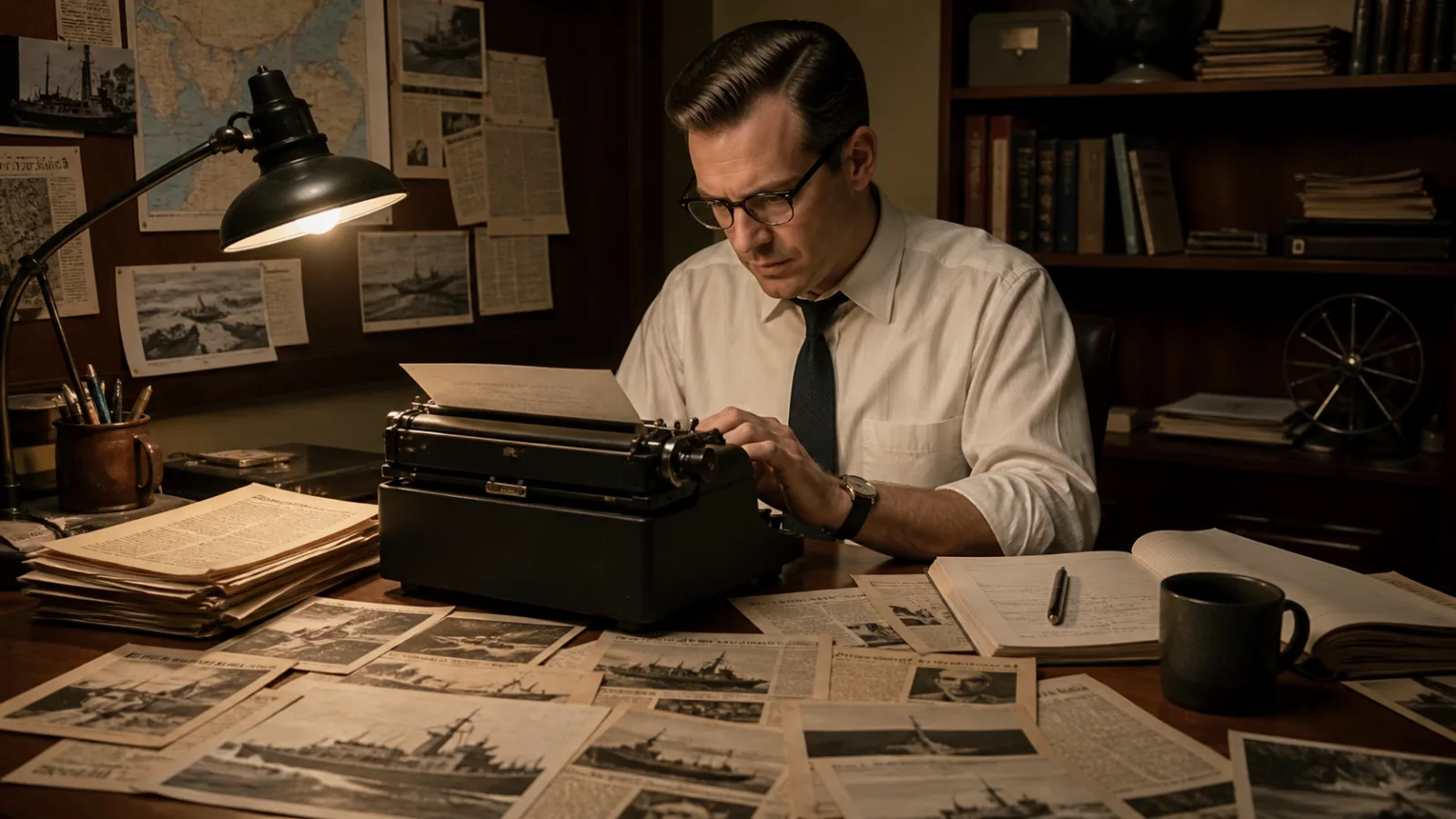 A 1960s writer at a typewriter surrounded by newspaper clippings about shipwrecks and lost planes