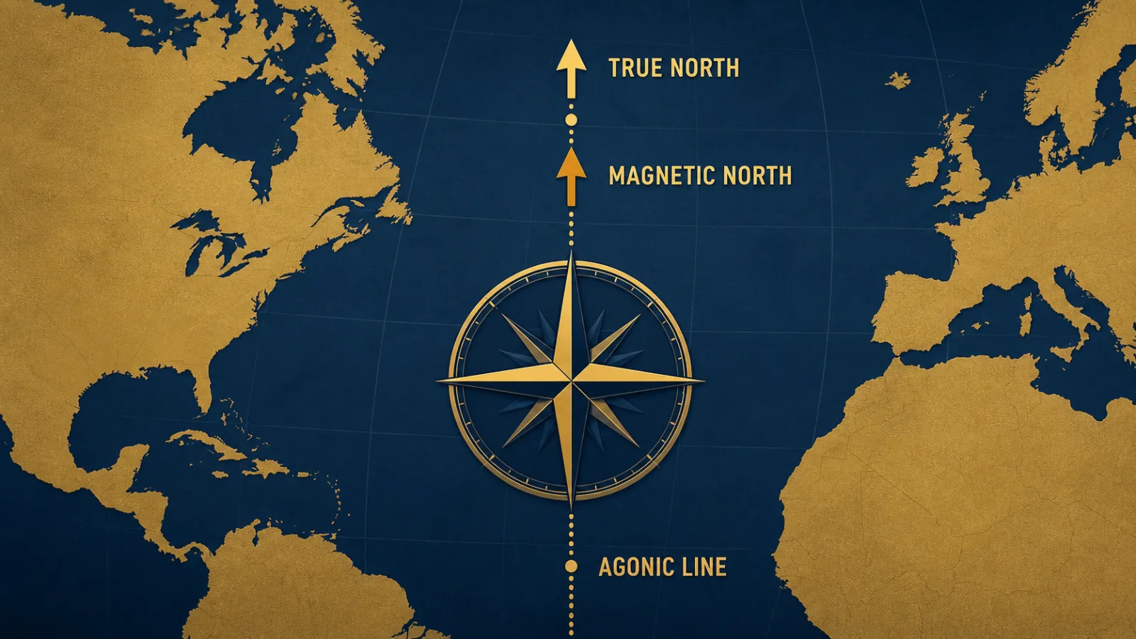 Diagram of a compass rose showing true north and magnetic north aligned along a dotted agonic line over the Atlantic
