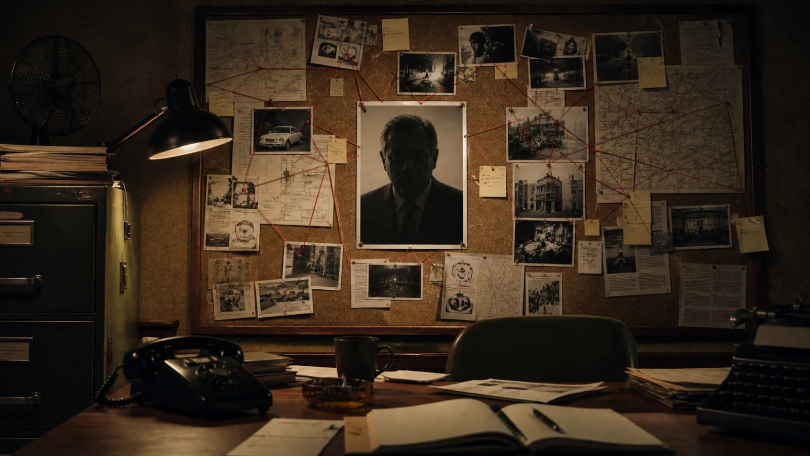 1970s detective's office corkboard covered with photographs, string connections, and investigative notes