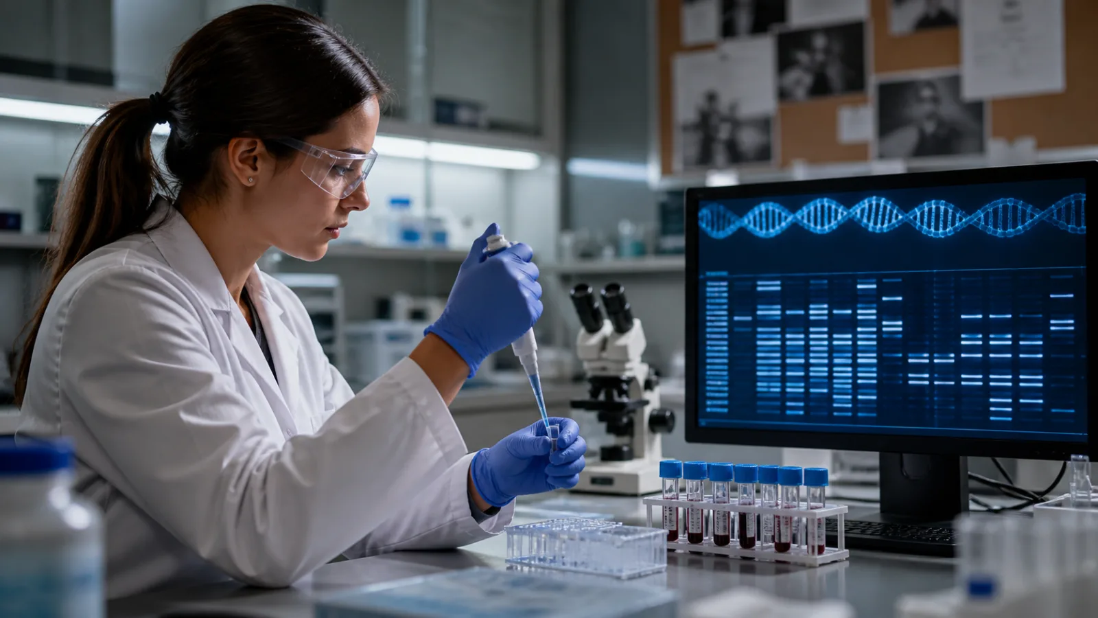 Modern forensic laboratory scene with a scientist examining a DNA sample under clinical lighting