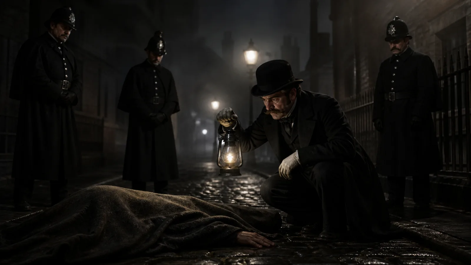 A Victorian police surgeon crouches beside a covered body on a foggy street as constables look on