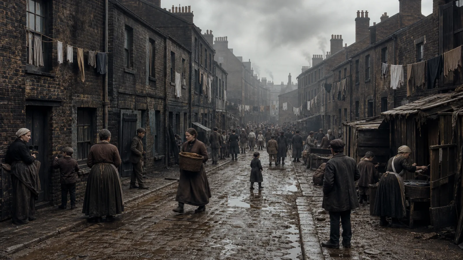A crowded Victorian slum street in Whitechapel with ramshackle buildings and muddy cobblestones