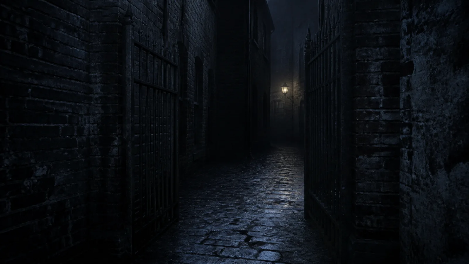 A narrow, shadowed courtyard entrance in Victorian Whitechapel at night