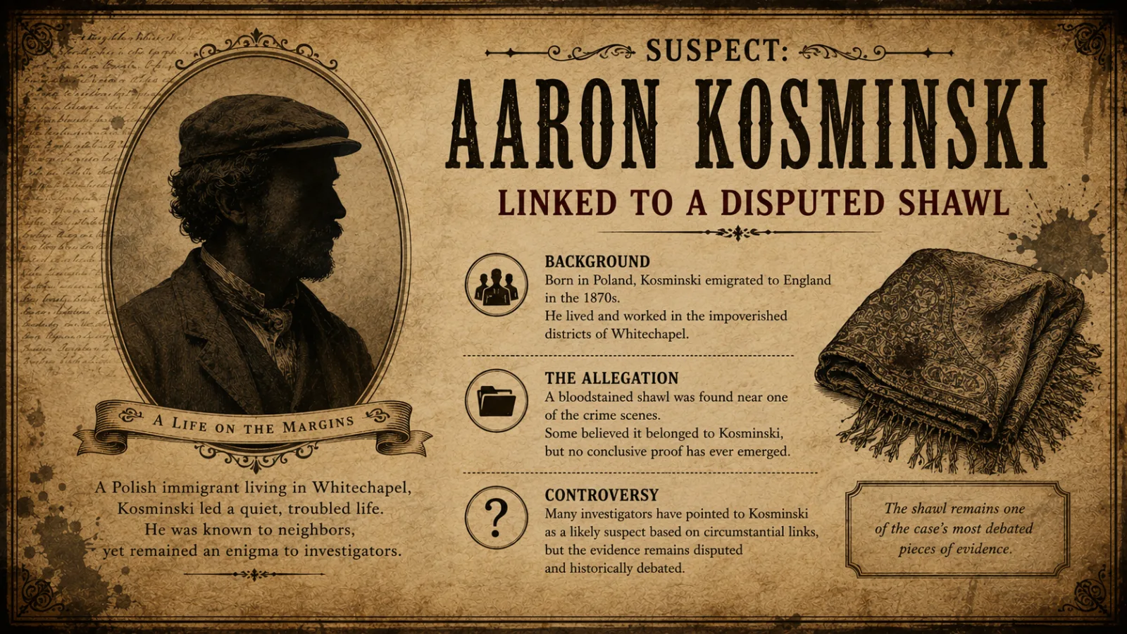 Illustrated profile card of a modest Victorian immigrant man beside a folded patterned shawl, representing suspect Aaron Kosminski