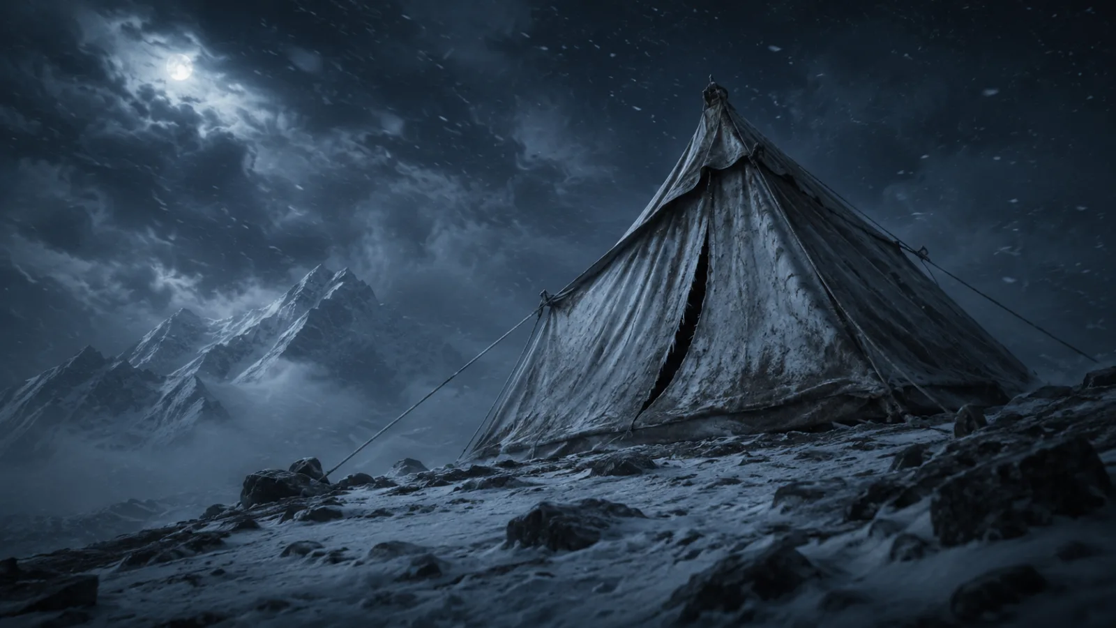 A weathered canvas expedition tent on a snowy slope at night with a long jagged slash in the fabric
