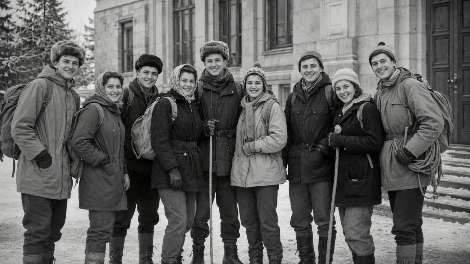 Illustrative reenactment of a group of young 1950s Soviet university students in winter hiking gear standing together outside an institute building
