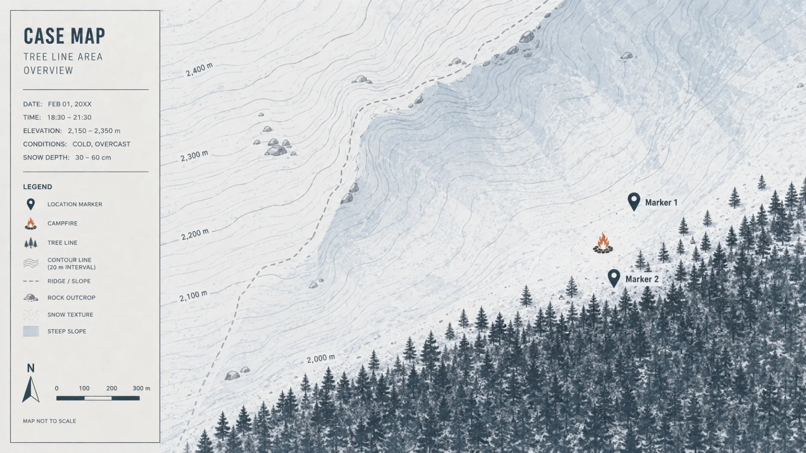 Stylized documentary map graphic showing labeled markers near a small fire icon at the tree line where the first bodies were found