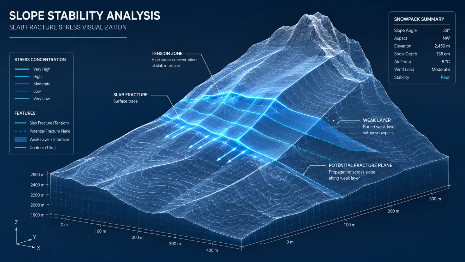 Scientific visualization of a 3D mountain slope model with slab-fracture stress lines highlighted