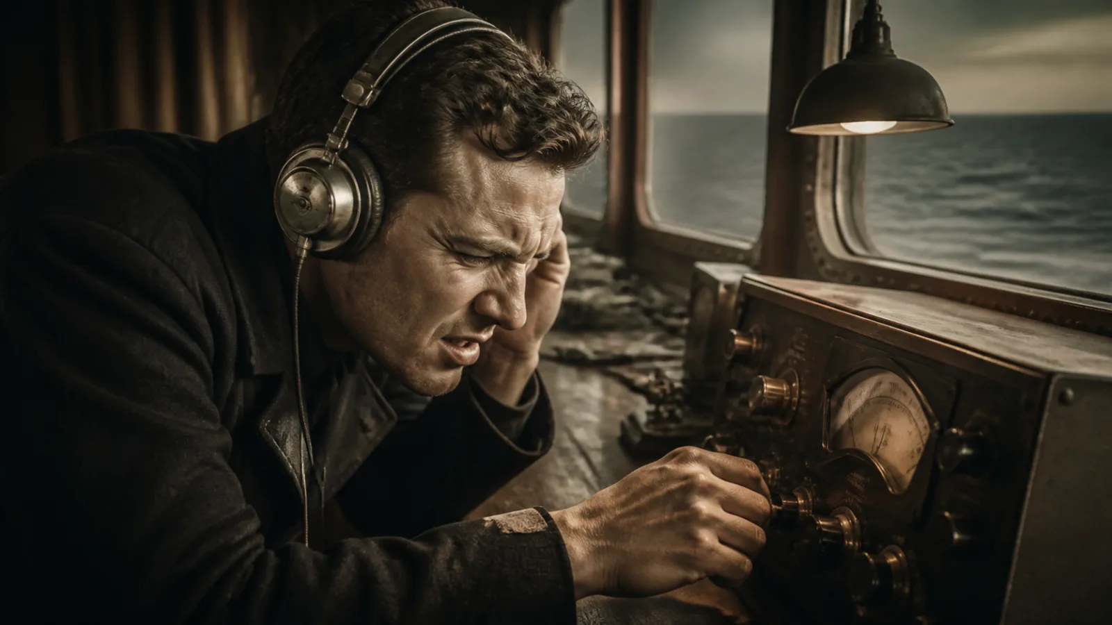 Reenactment of a 1930s Coast Guard radio operator straining to hear a faint signal through static