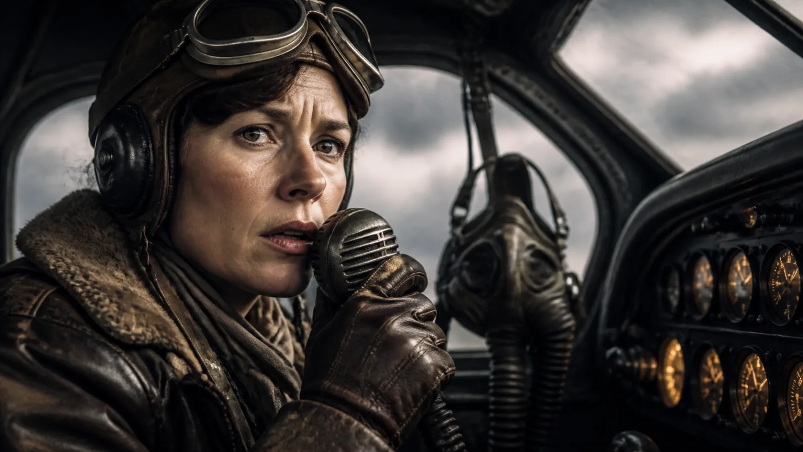 Reenactment of a 1930s female aviator inside a cockpit gripping a radio microphone