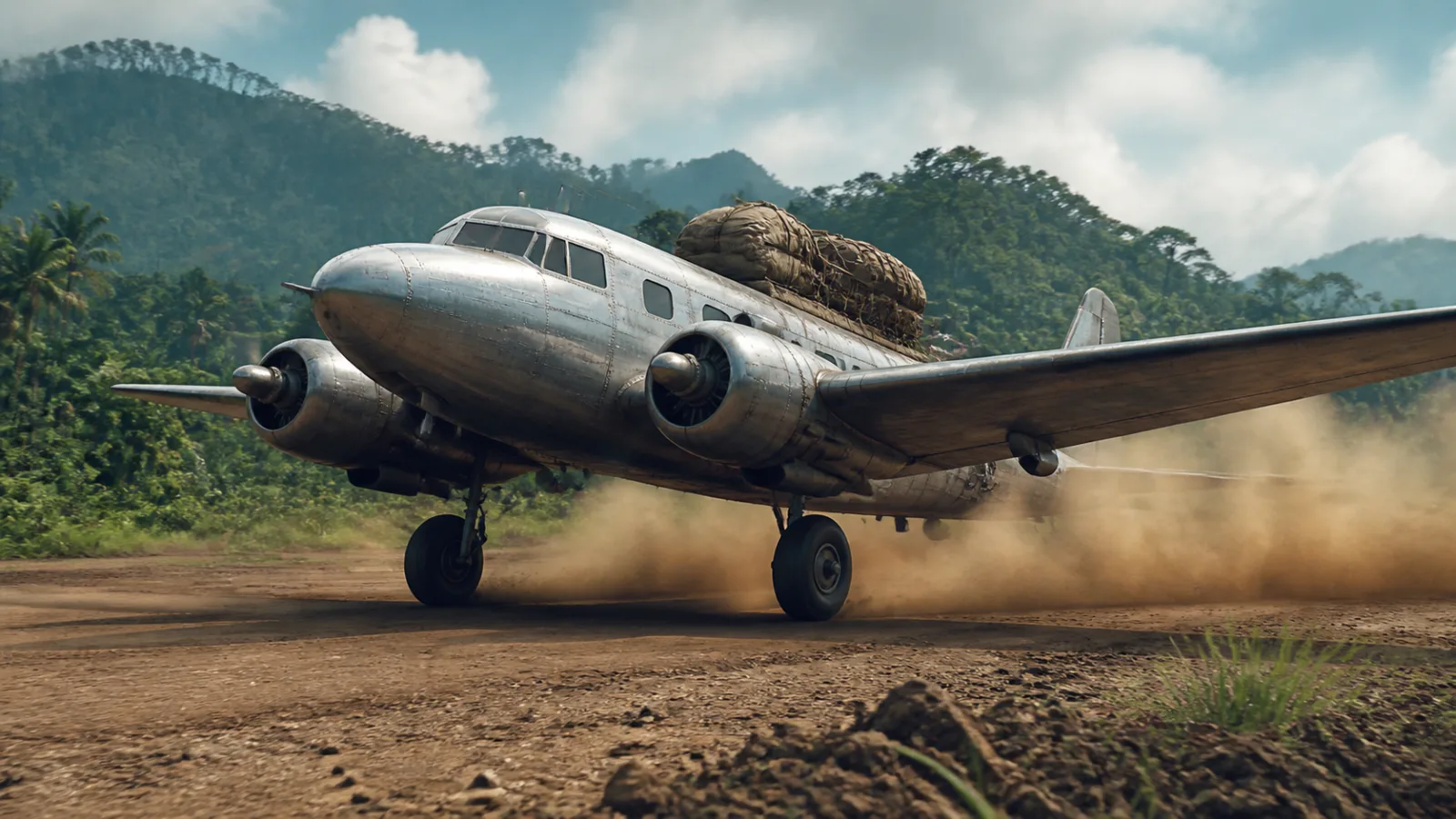 Reenactment of a heavily loaded twin-engine aircraft taking off from a dirt airstrip in tropical New Guinea