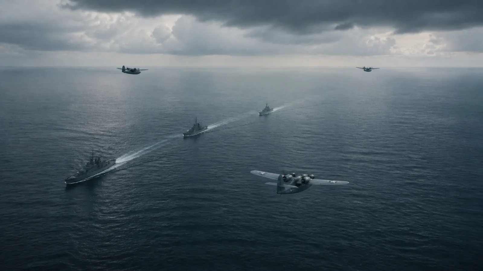 Illustration of Navy ships and seaplanes searching over open ocean during the search for Earhart's plane