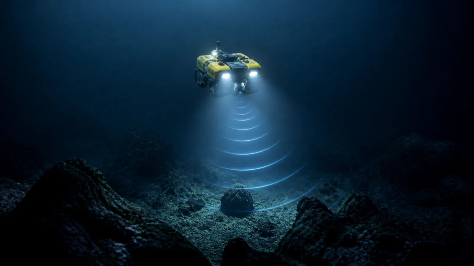 Modern underwater sonar drone descending into deep ocean water during a search expedition