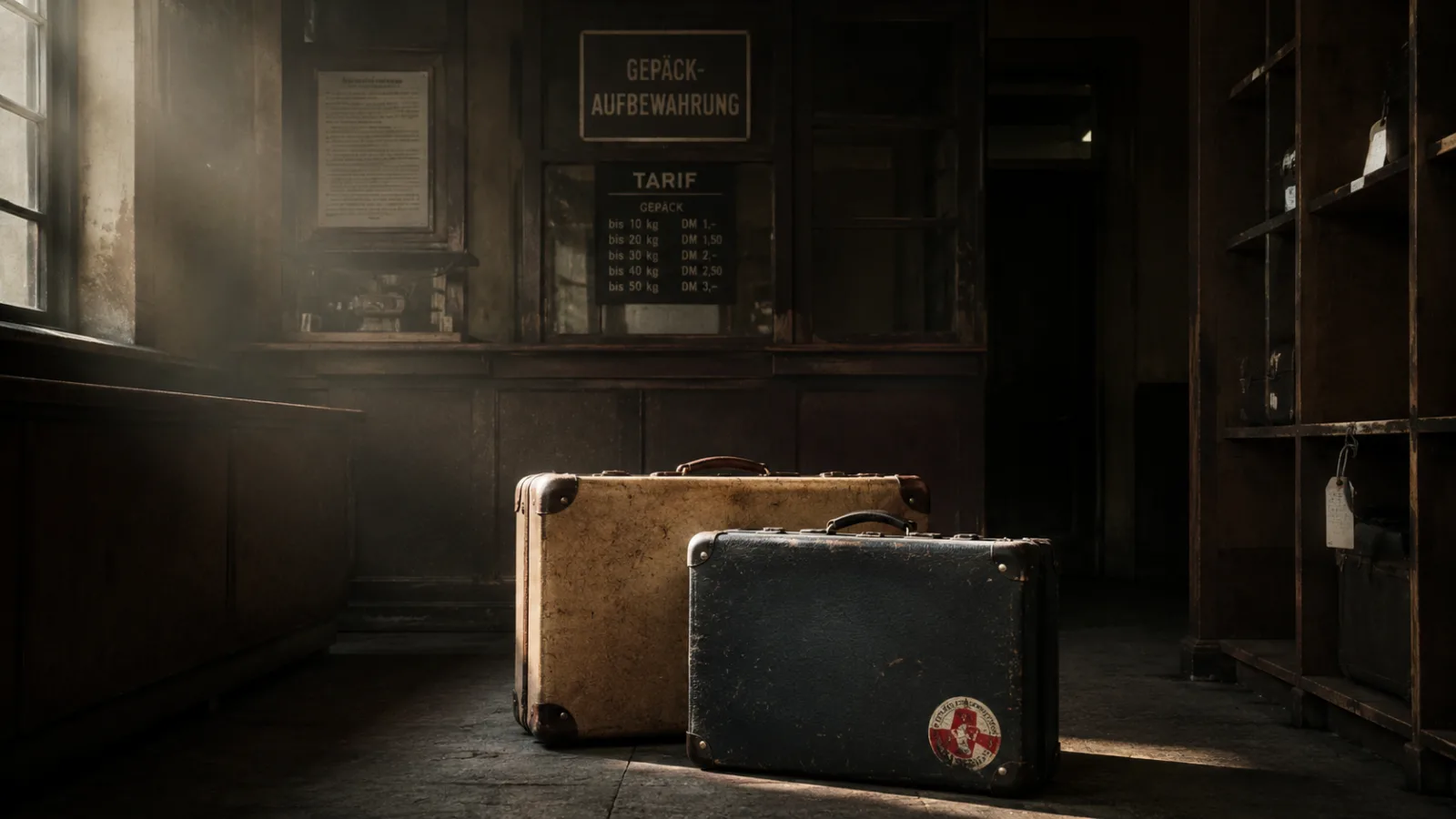 Two vintage suitcases sitting alone in a dim 1970s railway station left-luggage area