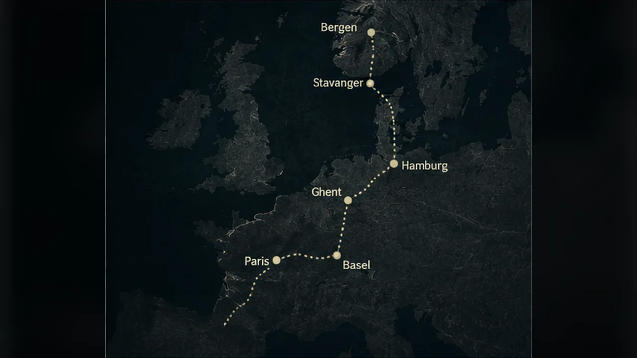 Illustrative map of Western Europe with a dotted travel line connecting Paris, Basel, Ghent, Hamburg, Stavanger, and Bergen