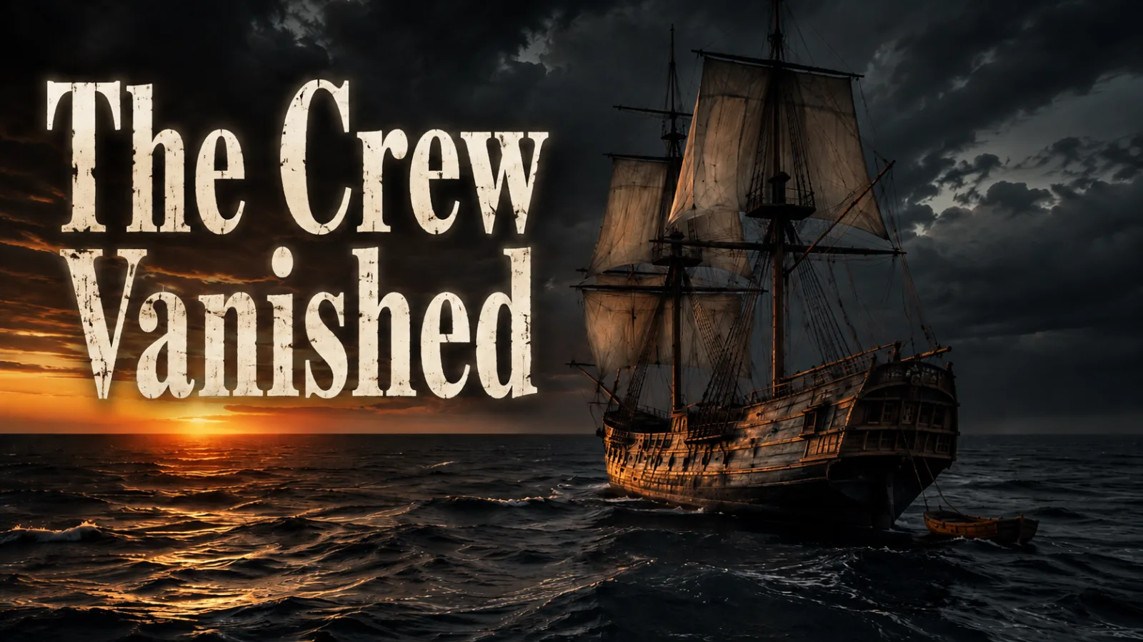 A 19th-century sailing ship drifting alone on a dark, stormy Atlantic Ocean with sails raised but no crew visible