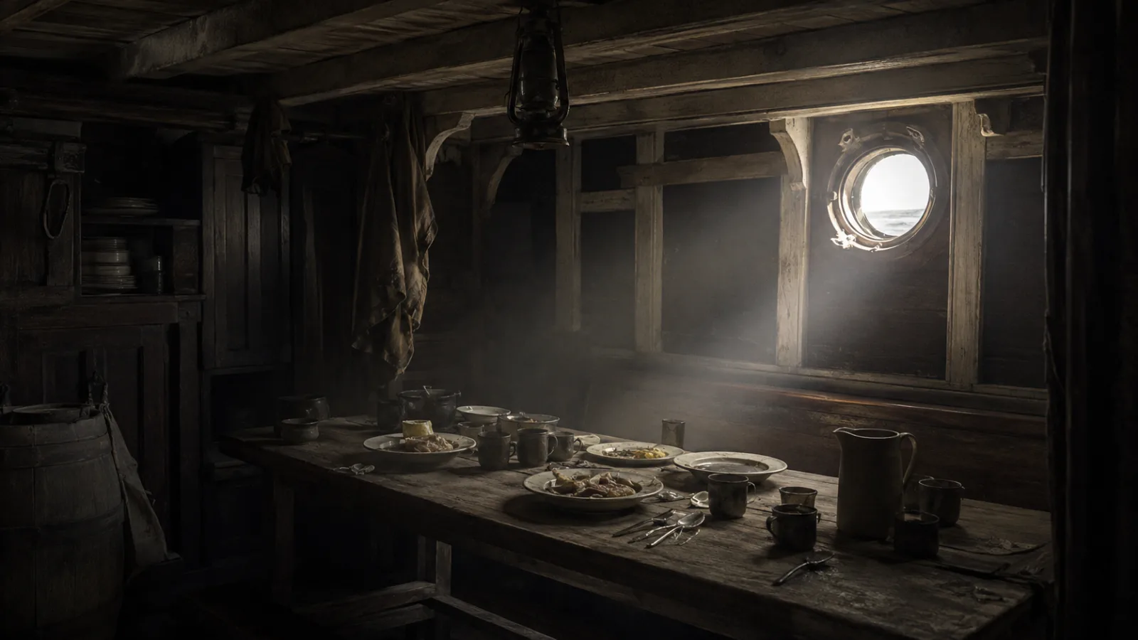 Interior of a 19th-century ship's galley with an untouched table setting and no one present
