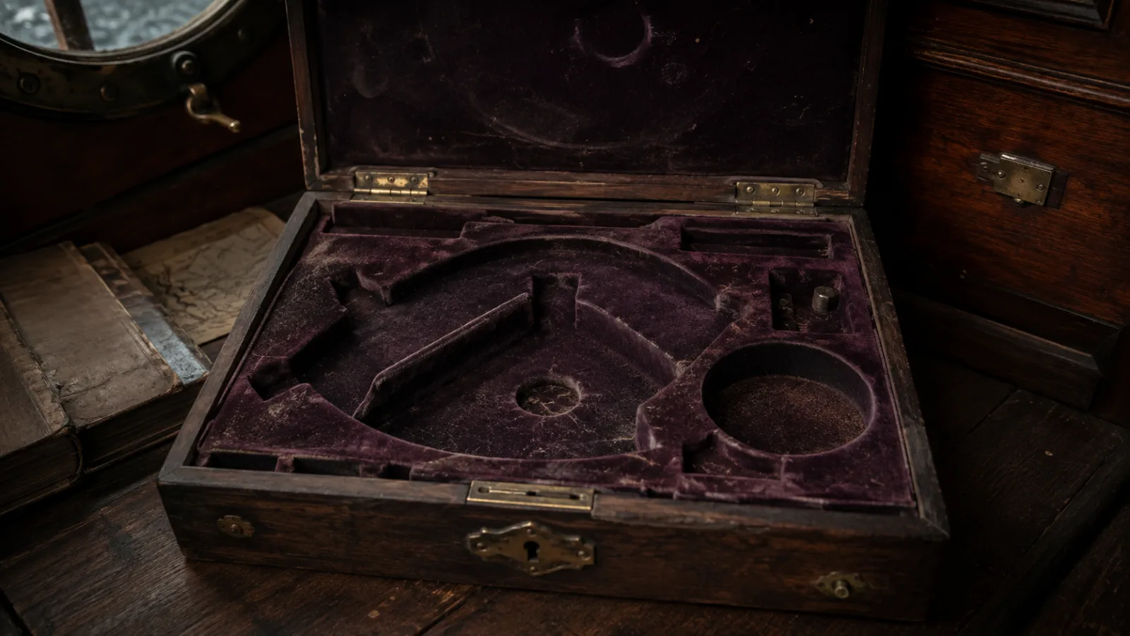 An empty velvet-lined case where a ship's sextant and chronometer would normally be stored