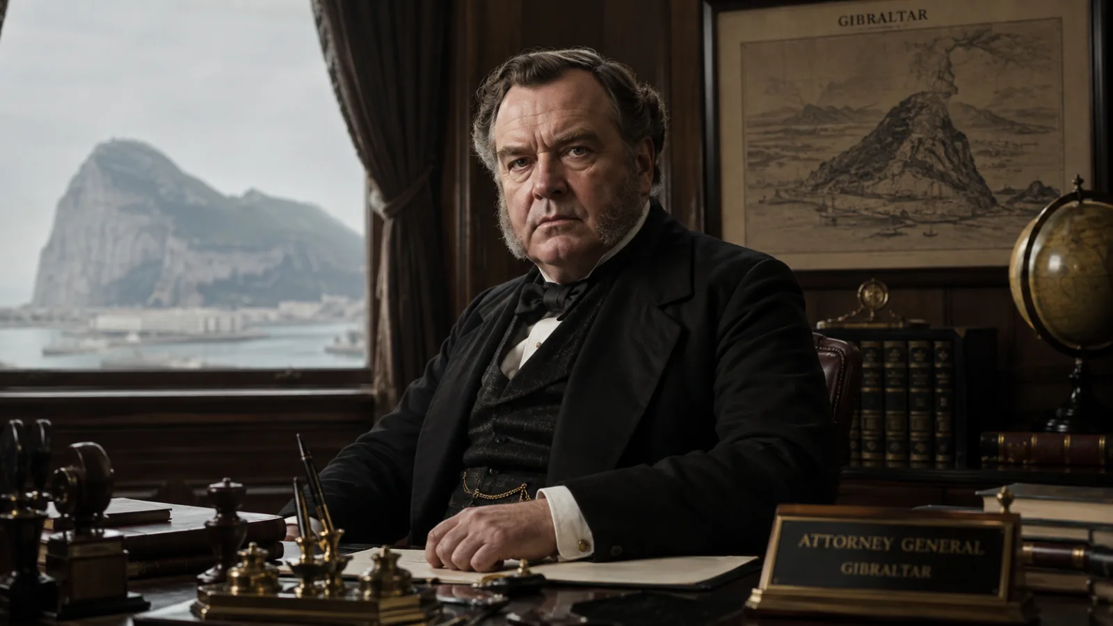 Portrait of a stern 19th-century attorney general seated at a desk in a Gibraltar office