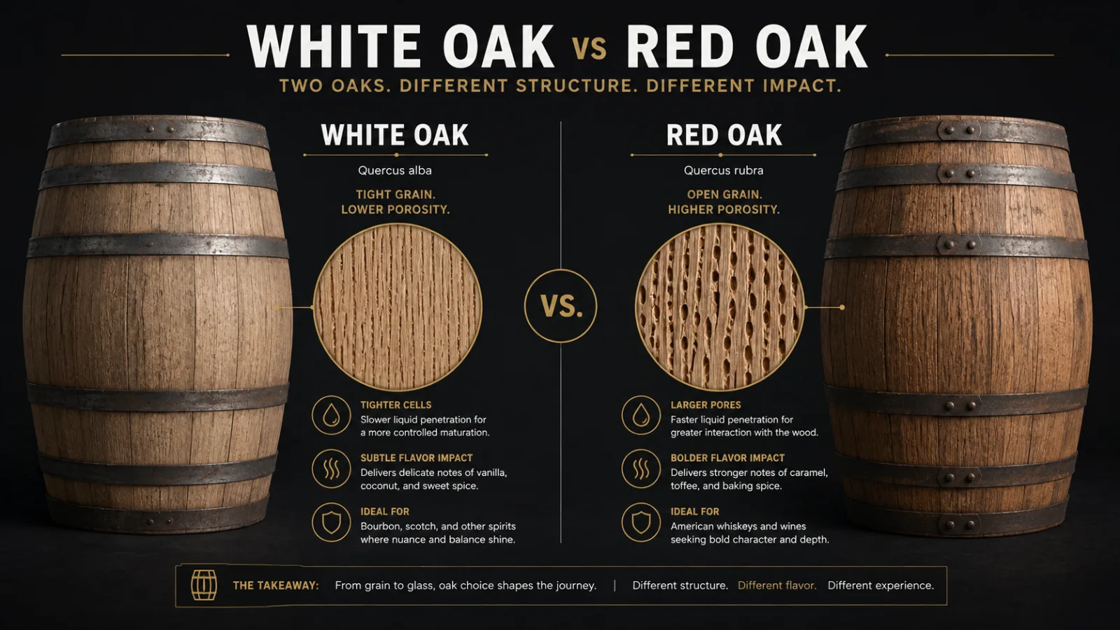 Comparison illustration of white oak versus red oak barrel construction showing differences in wood porosity
