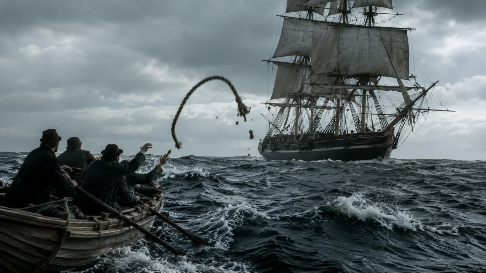 Dramatized reenactment of a rope snapping between a lifeboat and a sailing ship as the ship drifts away