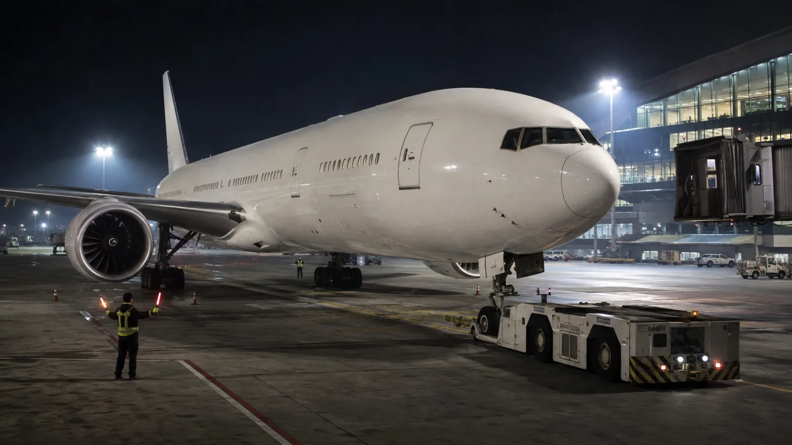 Illustration of a Boeing 777 airliner being pushed back from an airport gate at night under floodlights