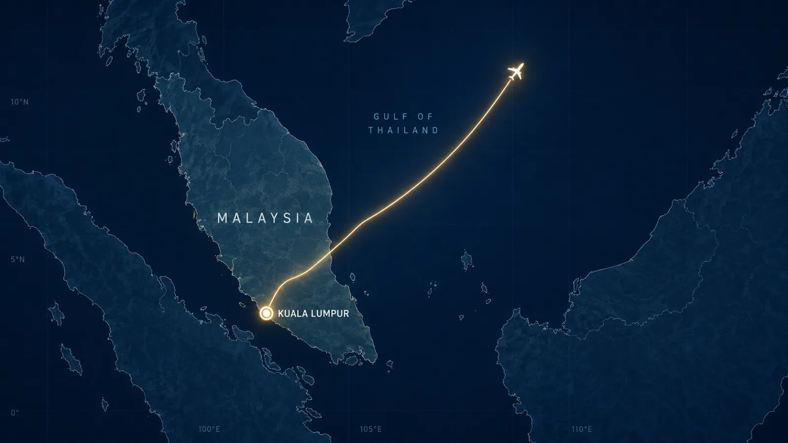 Map graphic showing the planned flight path northeast from Kuala Lumpur across the Gulf of Thailand