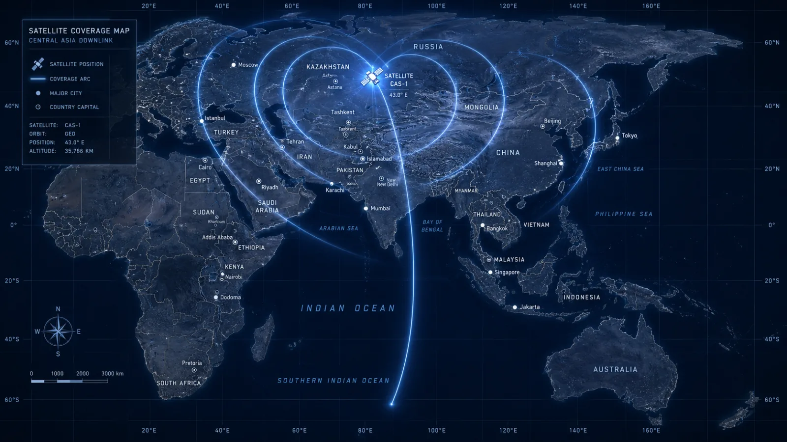 World map graphic showing reconstructed satellite arcs stretching from Central Asia to the southern Indian Ocean