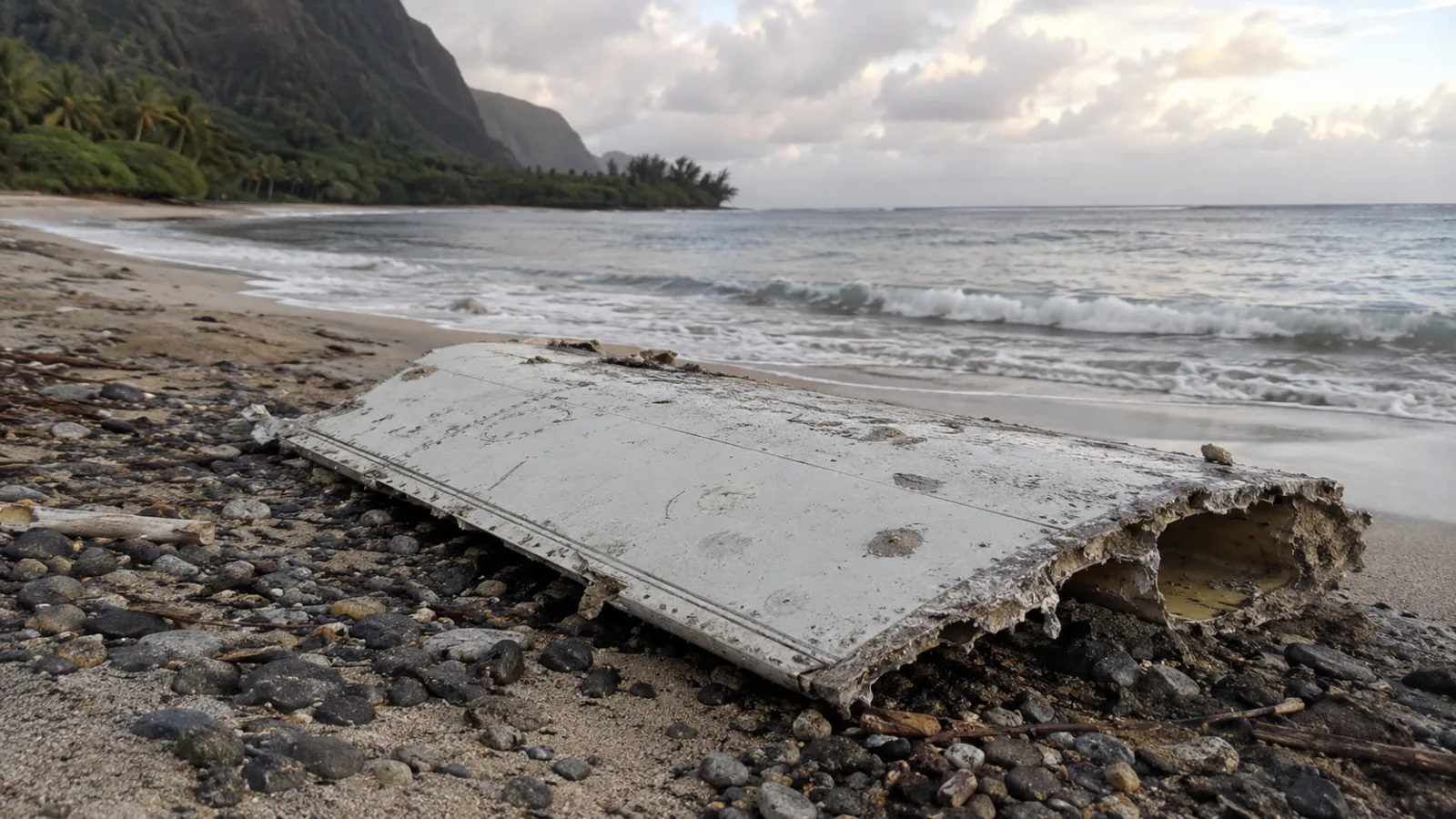 Illustration of a barnacle-covered airplane wing flaperon fragment on a tropical beach