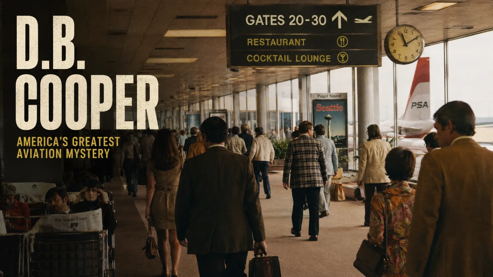 Illustration of a busy 1970s American airport terminal with no visible security checkpoints