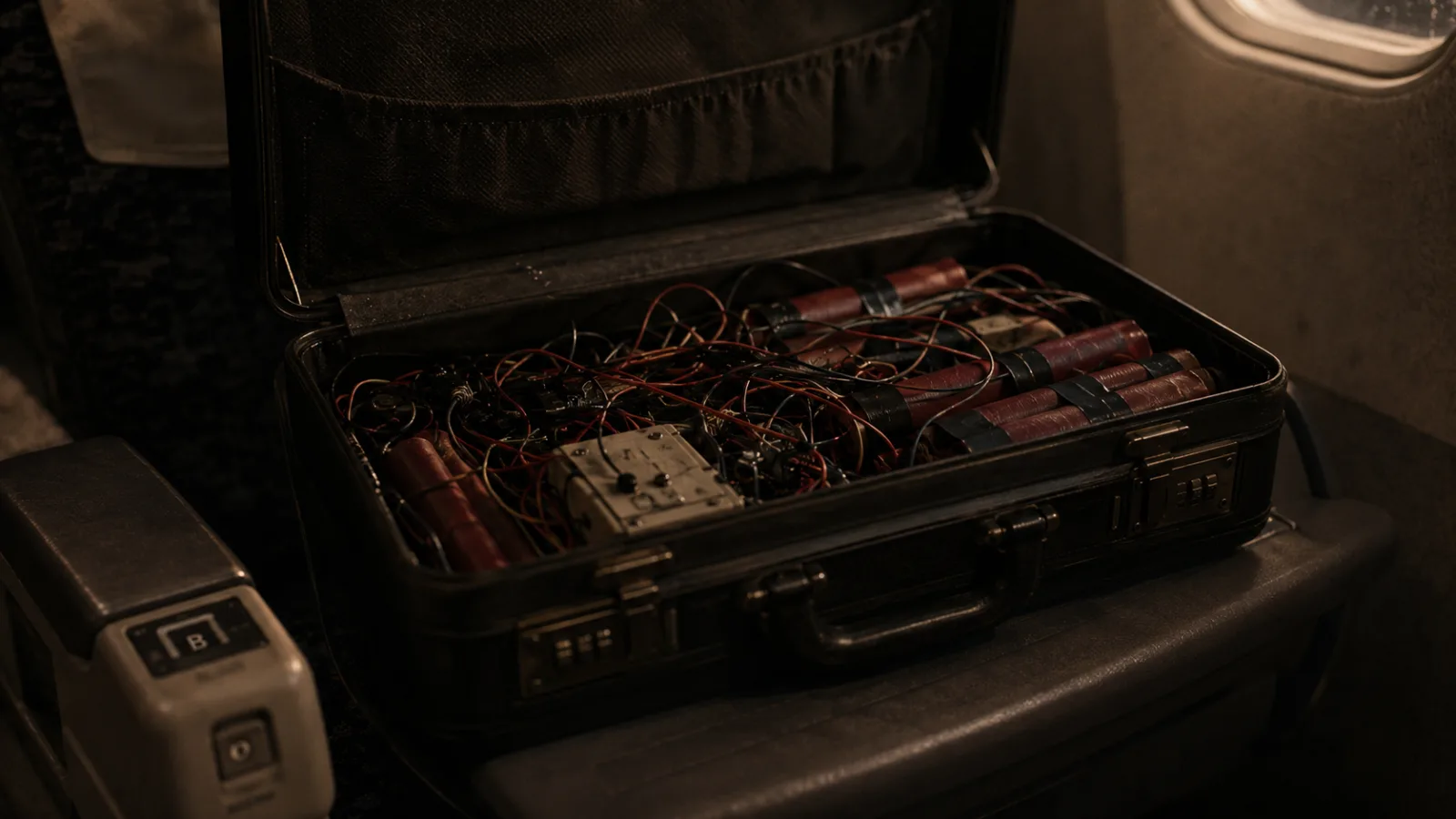 Illustration of an open briefcase revealing wires and red cylinders in dim cabin light
