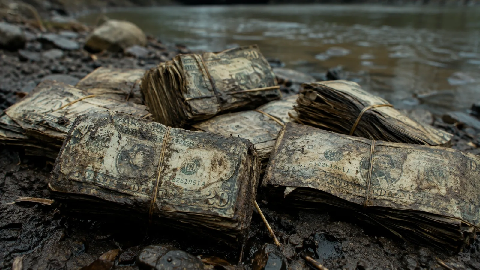 Close-up illustration of decayed, mud-stained twenty-dollar bill packets on a riverbank