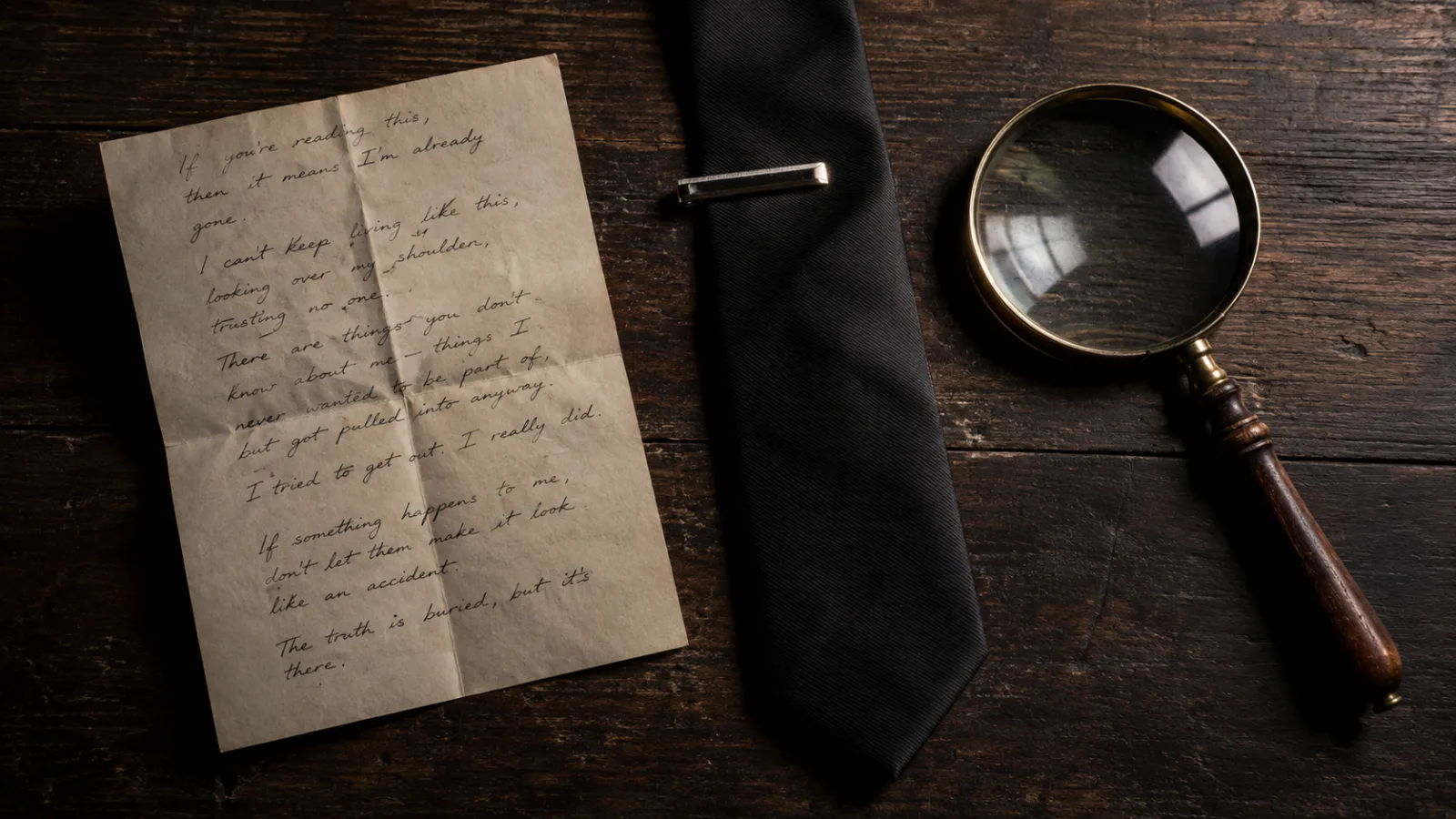 Flat-lay illustration of a folded note, a black clip-on tie, and a magnifying glass on a wooden table