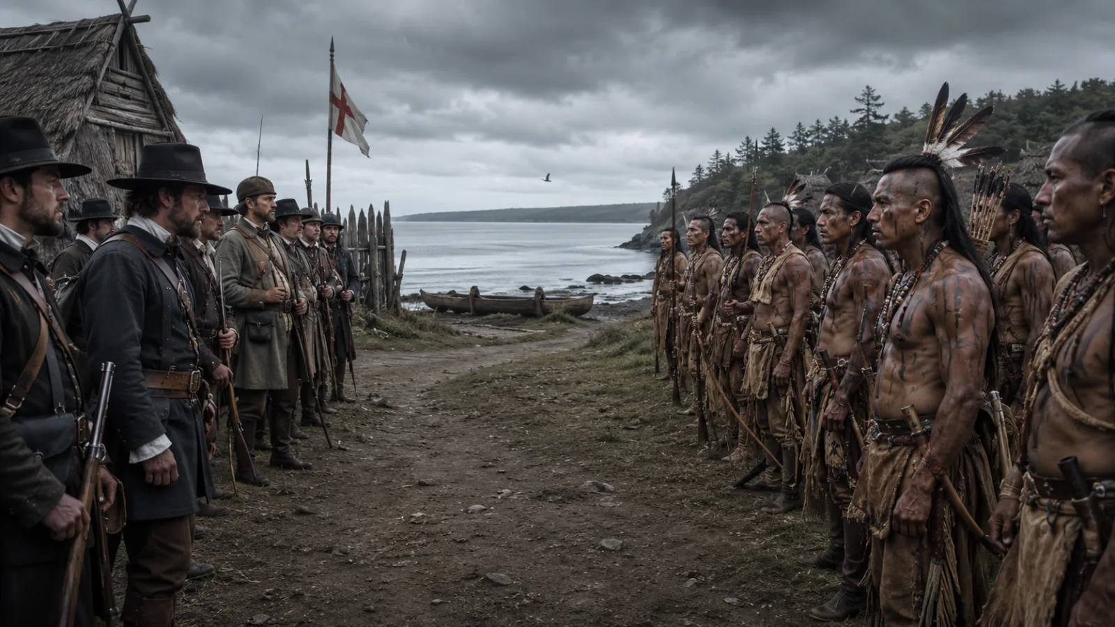 Tense standoff between English colonists and Algonquian-speaking Native Americans at the edge of a coastal village