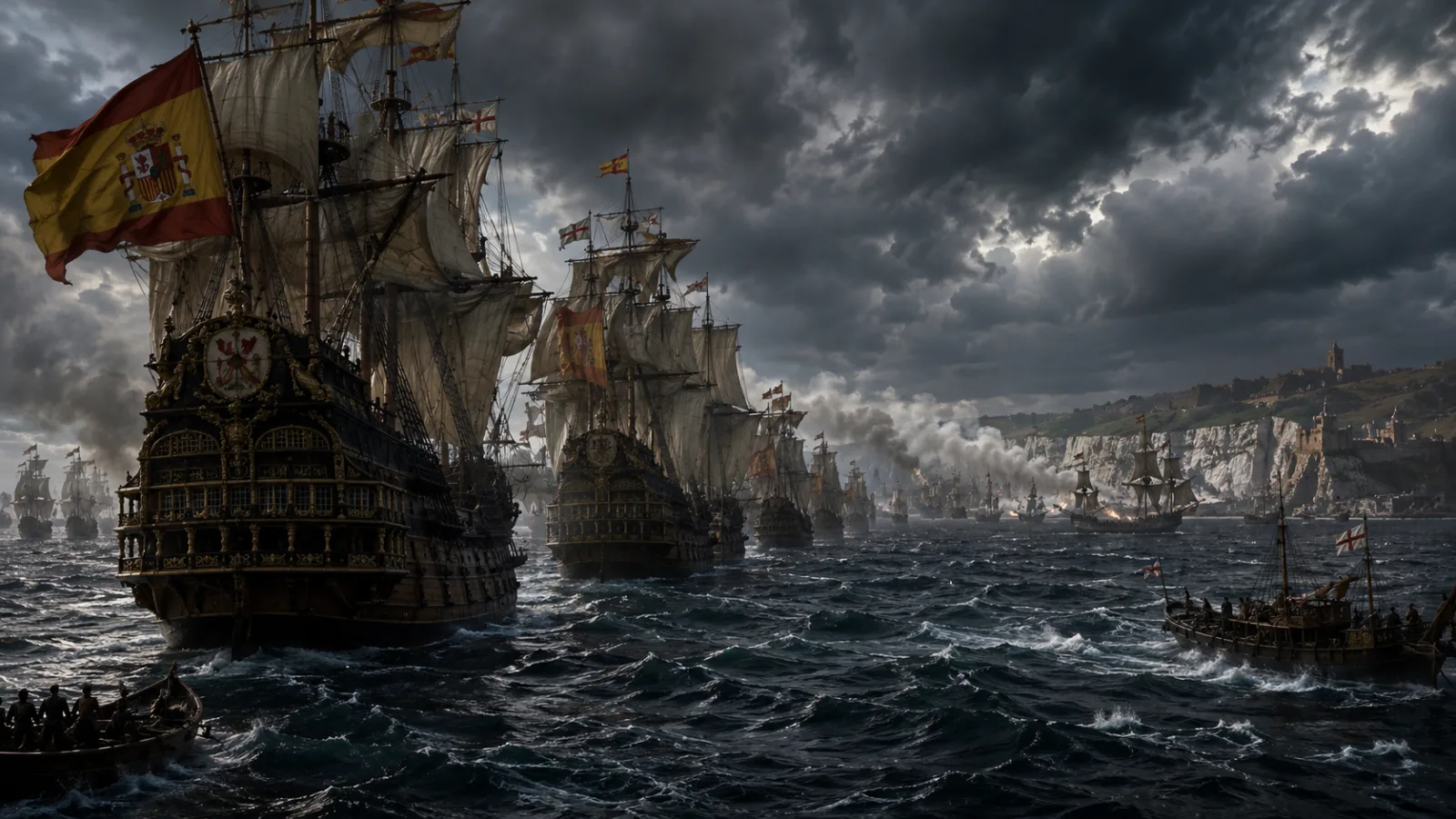 Dramatic depiction of the Spanish Armada, a fleet of galleons in tense naval formation on a stormy sea