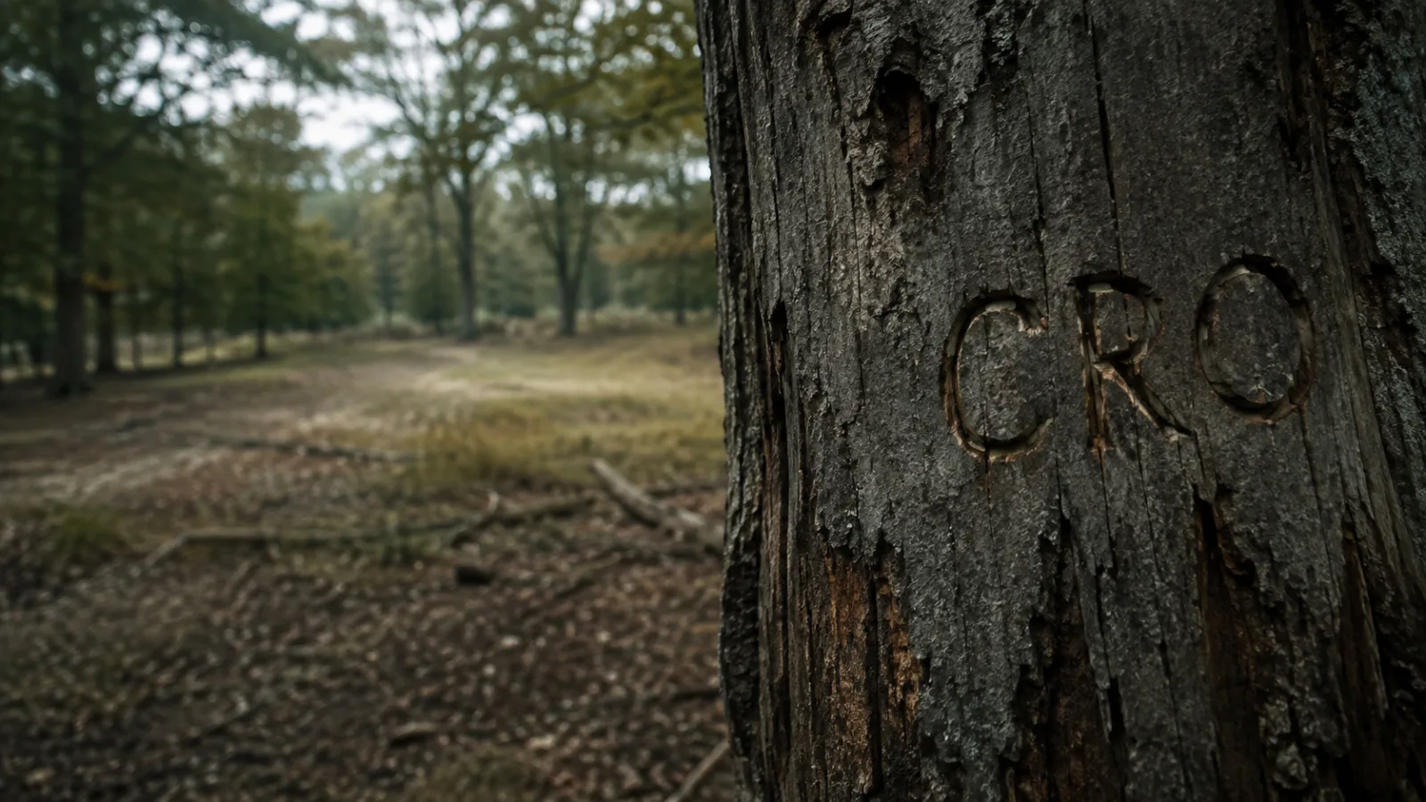 Weathered tree trunk with the partial carved letters C R O visible in the bark