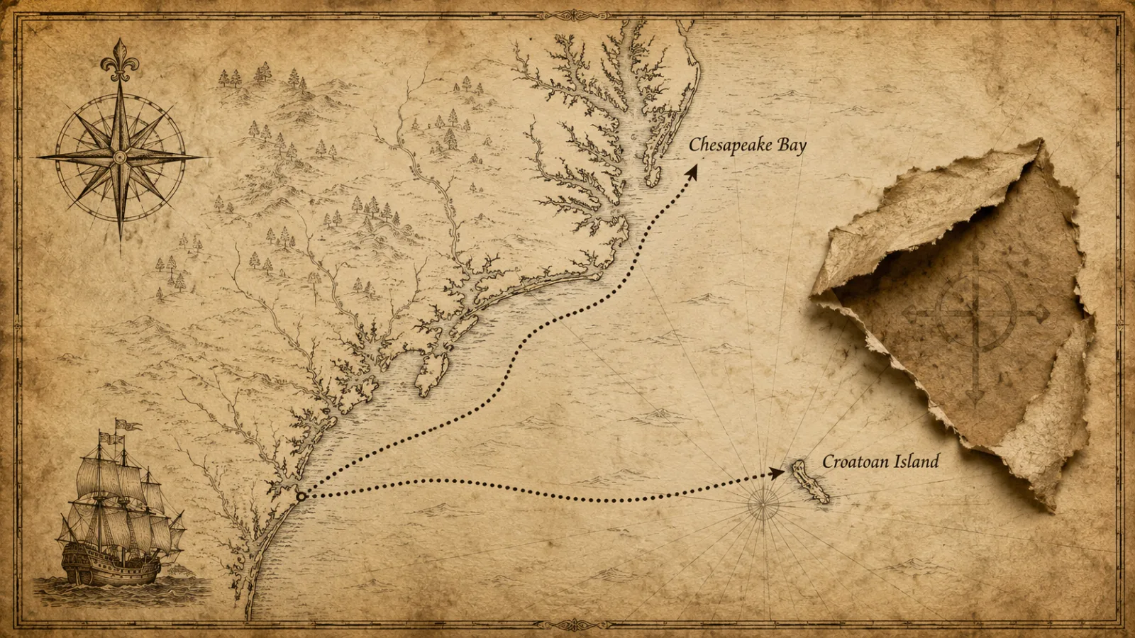 Historical map graphic showing diverging routes toward Croatoan island and the Chesapeake Bay