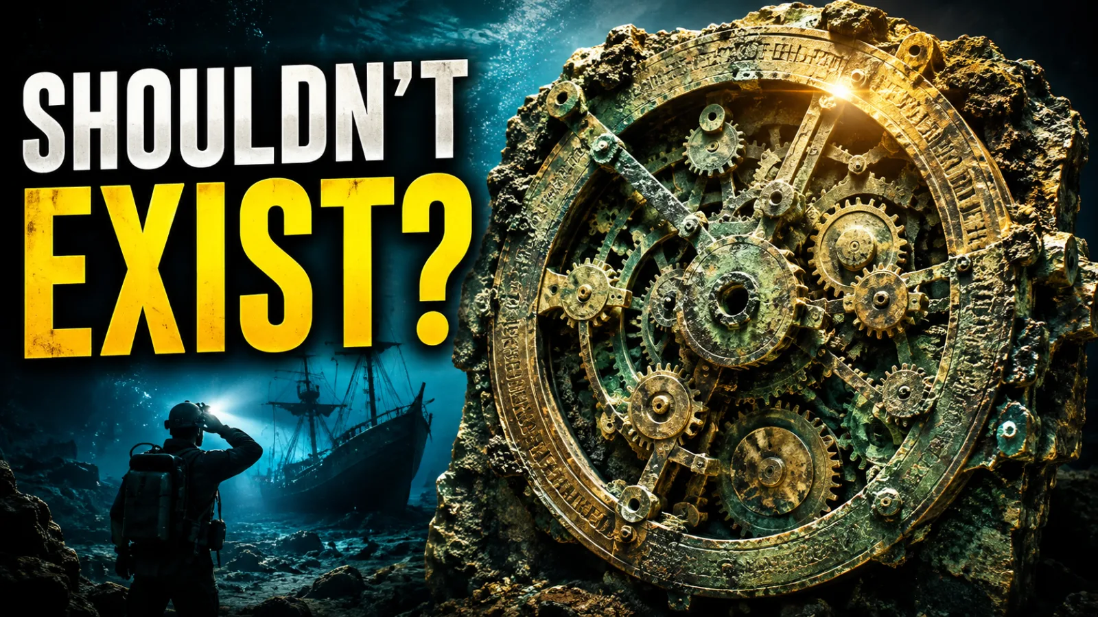 Corroded bronze gear mechanism half-buried in seafloor sand, lit by a shaft of light