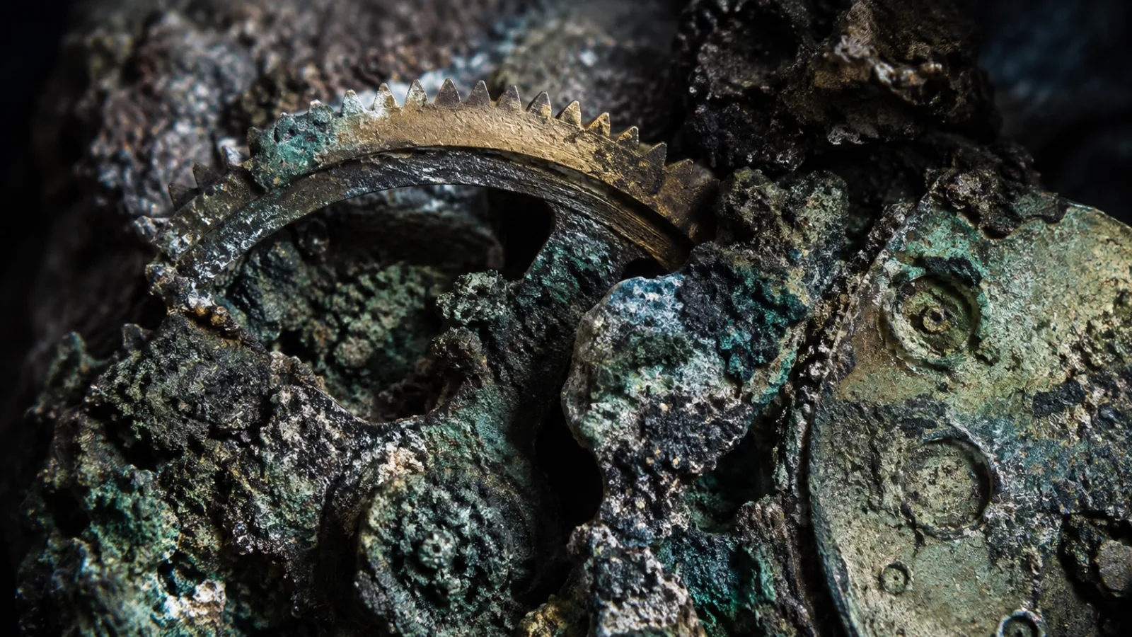 Macro view of small bronze gear wheels with fine triangular teeth embedded in corroded material