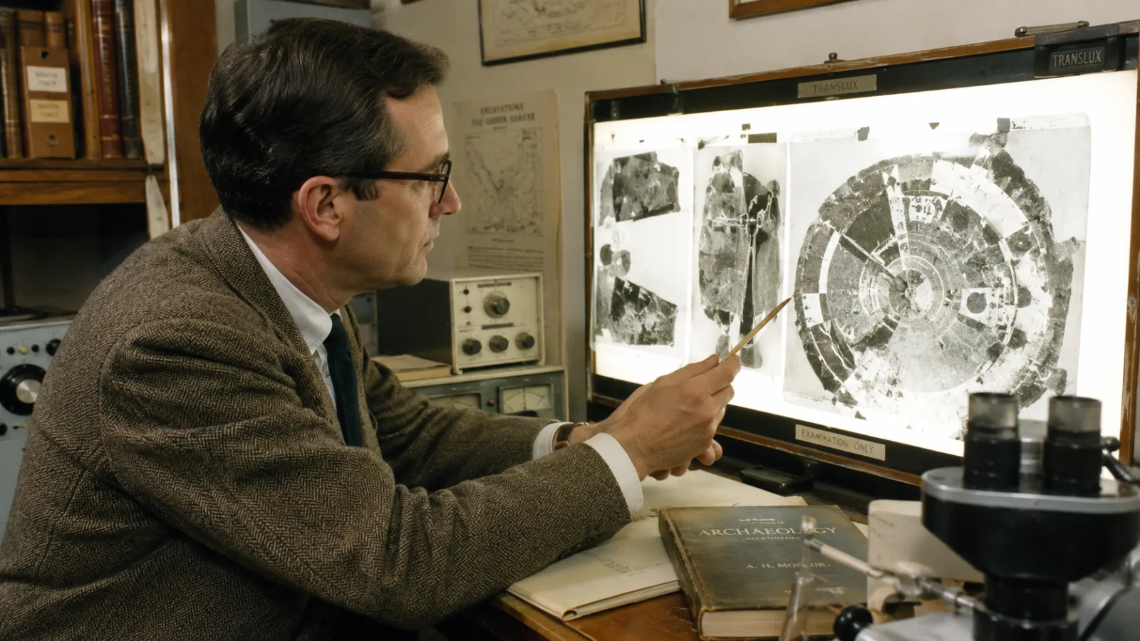 Reenactment of a 1960s science historian examining X-ray film of the bronze mechanism on a lightbox