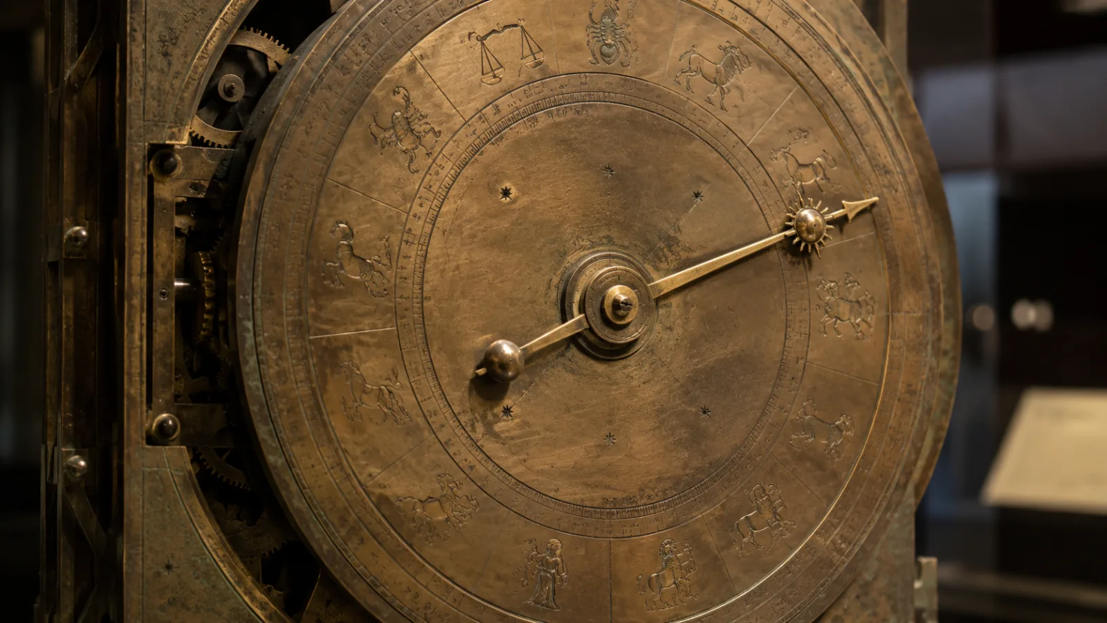 Close-up of a reconstructed Antikythera mechanism front dial with pointers against engraved zodiac symbols
